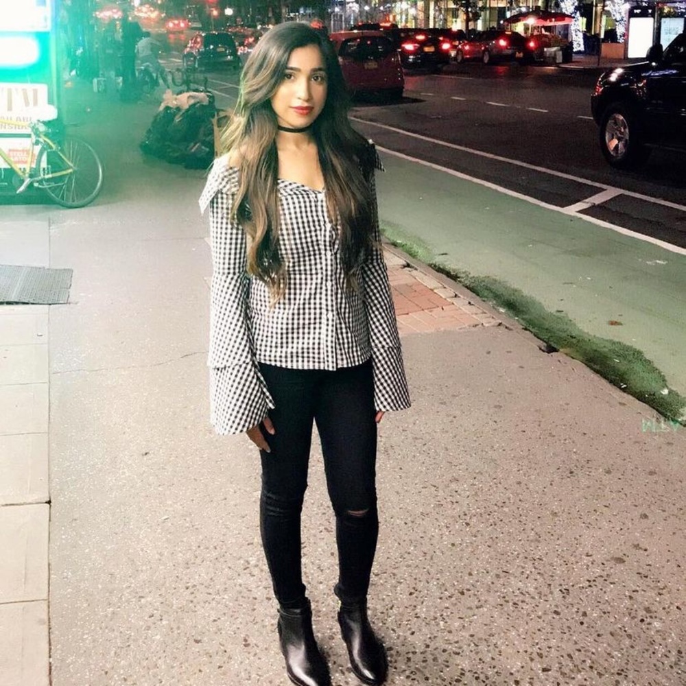 Off Shoulder black & white checkered print button up blouse